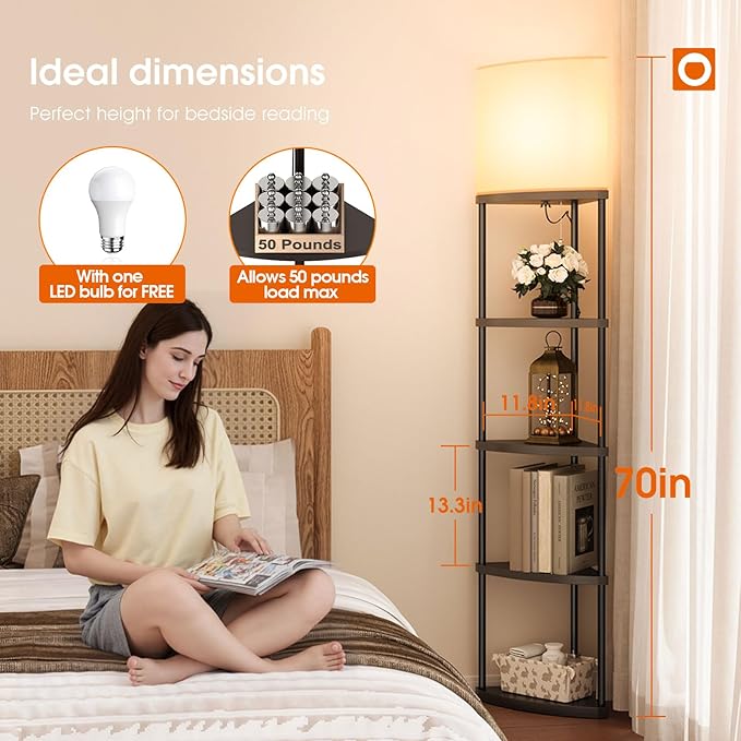 addlon Floor Lamp with Shelves, 5-Tier Adjustable Corner Lamp with 3 Color Temperatures & Linen Shade, Modern Floor Lamps for Living Room, Home Office & Bedroom (E26 LED Bulb Included, 800lm) - Black