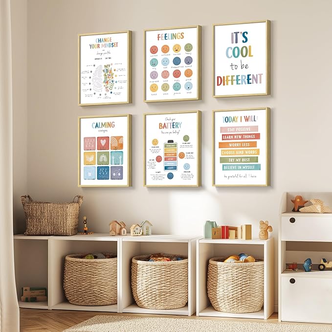 Framed Inspirational Wall Art, 6 Piece Motivational Canvas Wall Art Prints for Therapy Office, Positive Affirmations Wall Decor for Counseling Office Psychologist Kids Playroom, 11x14 Inch
