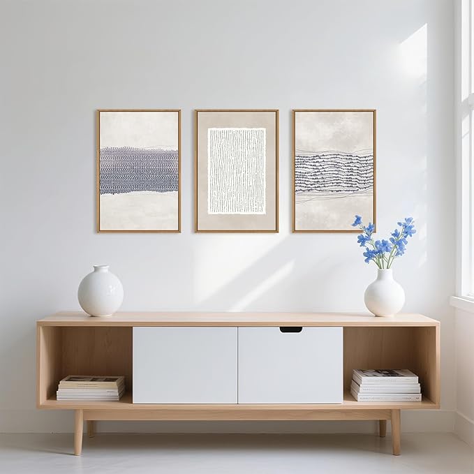HOURIA Blue White Abstract Neutral Framed Canvas Wall Art Set,Minimalist Boho Waves Lines Wall Decor,Modern Geometric Shapes Print,Mid Century Grunge Artwork for Living Room,Bedroom,Office- 16"x24"x3