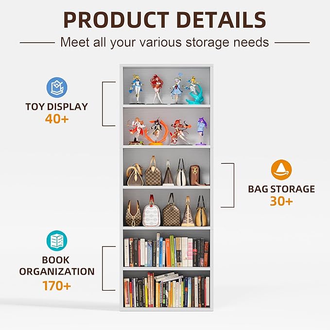 Furniwell 71" Tall Bookcase Bookshelves, 6 Tier Floor Standing Bookcases Open Frame, Modern Display Storage Organizer for Home Office, Living Room, Bedroom, Study Room (Pure White, 1 Pcs)