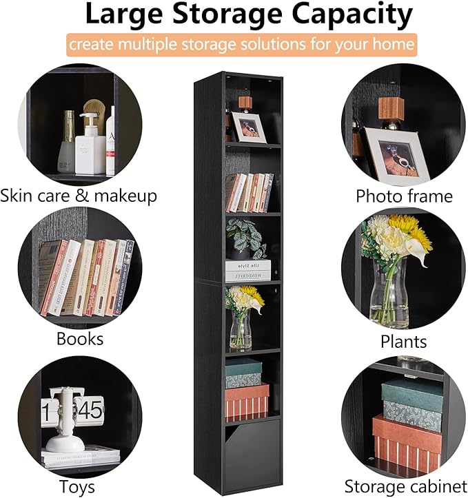 IBUYKE 6 Tier Narrow Bookcase with Doors, Cube CD DVD Storage Cabinet,Slim Media Tower Rack,Cabinet,Black Bookcase Display Storage Shelves for Small Spaces,for Home Office Black UWBC001B