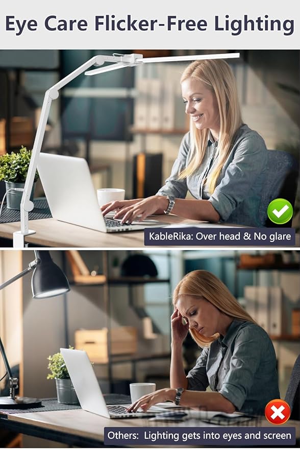 KableRika Desk Lamp,Double Head Desk Lamp with Clamp,24W Led Desk Lights for Home Office Ultra Bright Architect Table Lamp 4 Brightness 4 Color,Auto Dimming Task Lamp for Monitor Work Study White