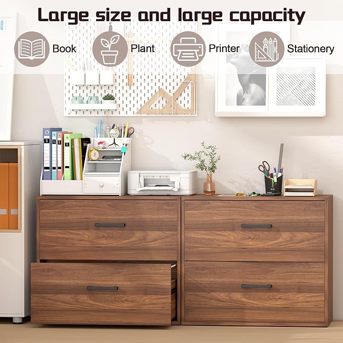 2 Drawer File Cabinet, Wood Lateral Filing Cabinets, Wide Office File Cabinet with Drawer for Hanging Files/Letter Size Printer Stand for Home Office School, Assembly Required, Walnut