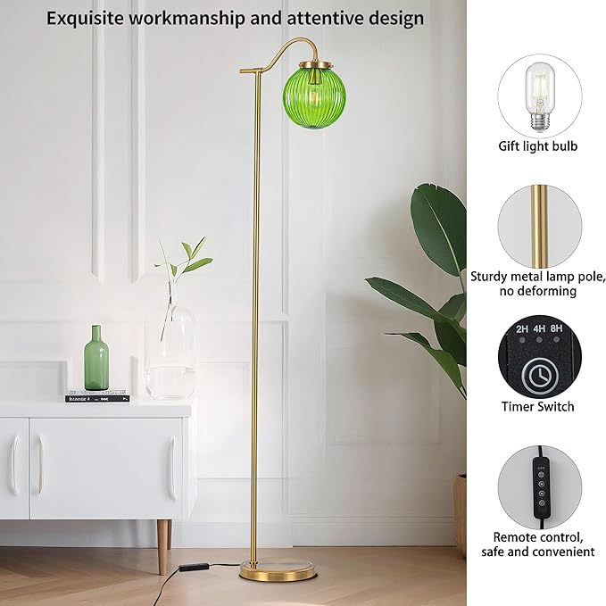 MAYNA Globe Floor Lamp, Emerald Green Round Glass Standing Lamp with Built-in Timer Switch, Gold Tall Vintage Lamps for Living Room Bedroom, 2700K LED Bulb Included