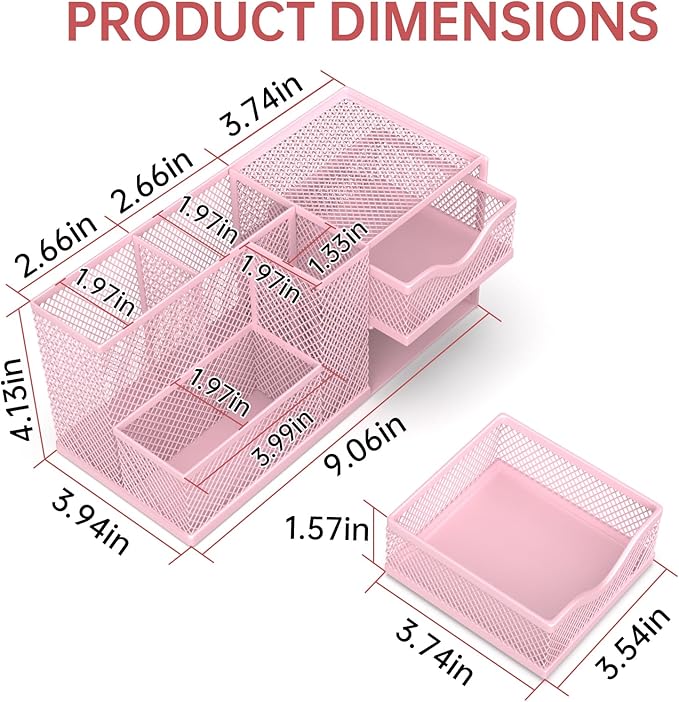 Mesh Desk Organizer, Pen Organizer with 2 Drawers and 5 Compartments, Versatile Pen Holder for Small Space, Desk Organizers and Accessories for School Office Supplies, Pink