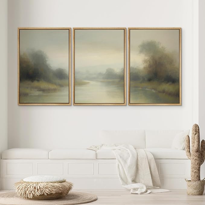 SIGNWIN Framed Wall Art Print Set Misty River Landscape Soft Neutral Nature Scene Photography Modern Art Closeup Relax/Calm Dark for Living Room, Bedroom, Office - 16"x24"x3 Natural