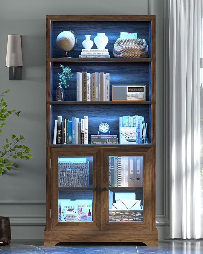 TVU 5-Tier Bookshelf, 65" Bookshelf with Multi-Color Ambient Lights (APP Remote Control), Tall Display Shelf with Cabinet Doors, Suitable for Living Room, Bedroom, Study, Office, Rustic Brown