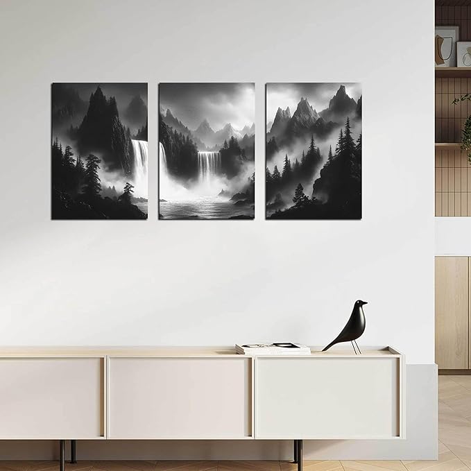 Waterfall Pictures Wall Art for Office - Black and White Canvas Wall Art for Living Room - 3 Piece Mountains Wall Art for Bedroom 16" x 24"