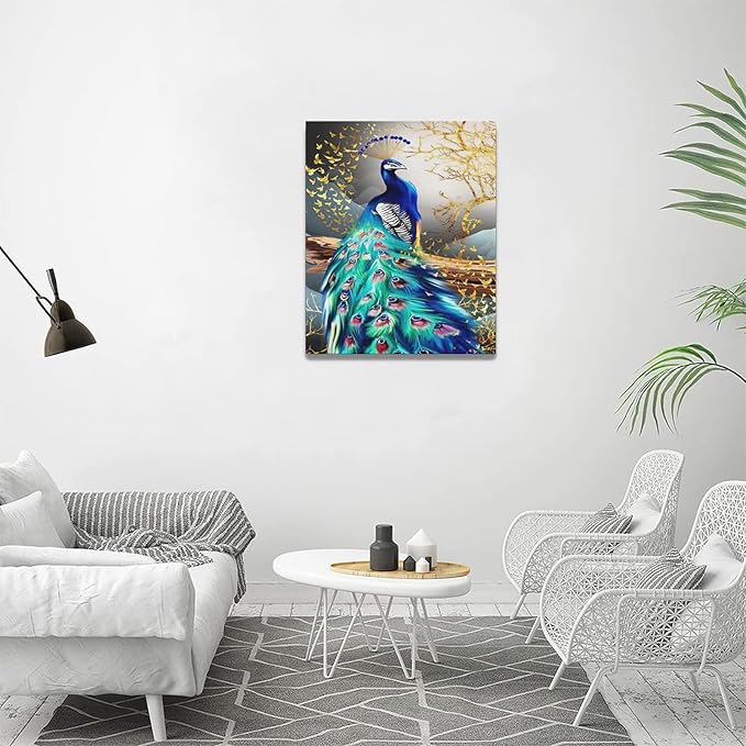 yerretin Peacock Wall Art Peacock Golden Tree Pictures Wall Decor Bird Canvas Painting Modern Decoration Artwork for Bathroom Living Room Bedroom Office Framed 16"x20"