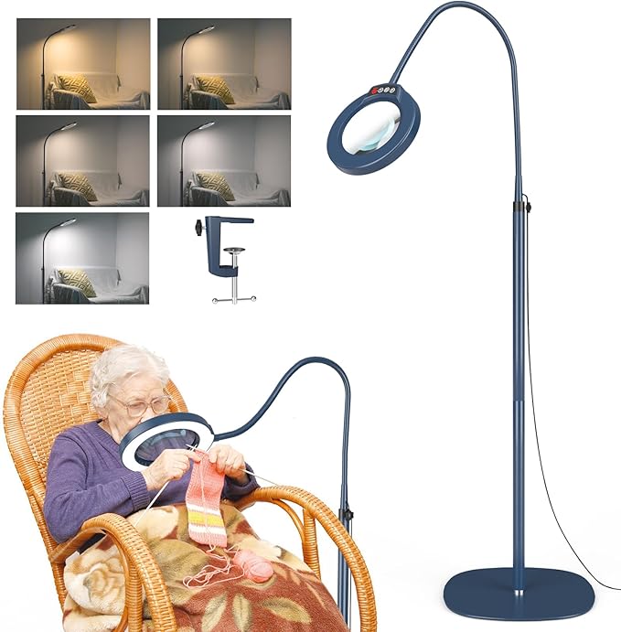 10X Magnifying Glass with Light and Stand, 24" Flexible Gooseneck Magnifying Floor Lamp, 3-in-1 LED 5 Color Modes Stepless Dimmable Lighted Magnifier Hands Free for Close Work, Reading - Blue