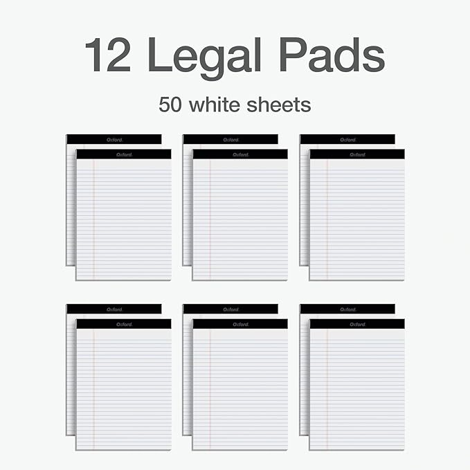 Oxford 8.5 x 11 Inch Legal Pads, 12 Pack, Wide Ruled on Both Sides, White Lined Paper, 50 Perforated Sheets per Pad, Made in the USA (74030)