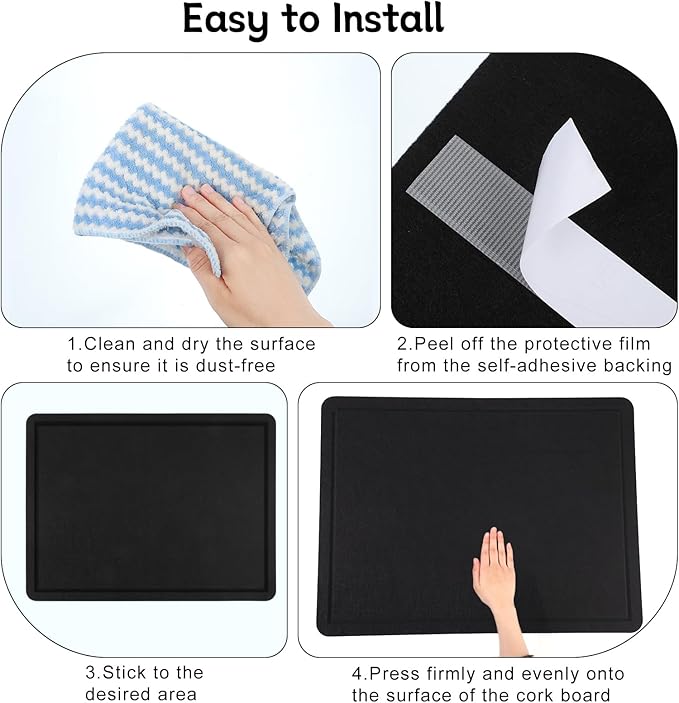 Bulletin Board, 36" x 24" Foldable Cork Board Felt Pin Boards with 35 Pushpins Self-Adhesive Photo Decorative Felt Boards for Walls, Office, School, Classroom, Home, Bedroom - Black