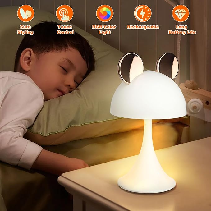 Rechargeable Mouse-Shaped LED Bedside Lamp – Kids Room Night Light with Touch Dimming & 3 Color Temperatures (Gold)