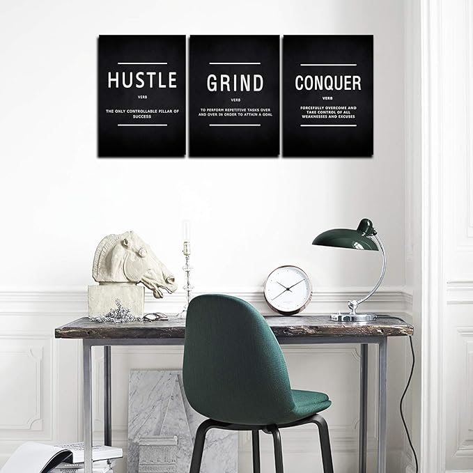 KAWAHONE Grind Hustle Conquer Success Wall Art, Motivation Canvas Wall Decor Framed Inspirational Painting Quotes Positive Poster Wall Hanging Picture for Home Office Workplace - 12" Wx16 Hx3piece