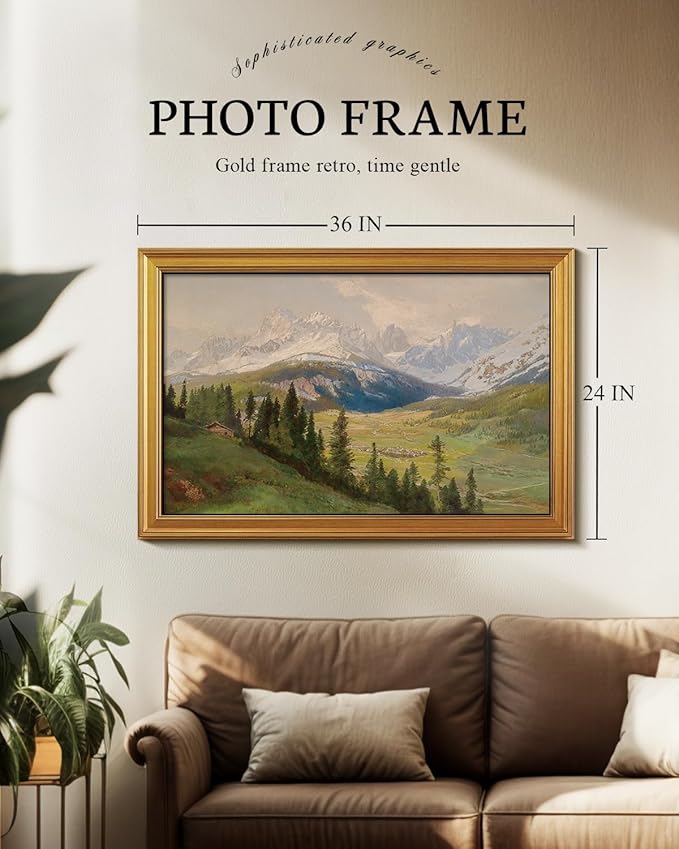 VIYYIEA Vintage Gold Framed Wall Art for Living Room, Snow Mountains Canvas Prints Home Decor, Large Oil Painting Picture, Bedroom Wall Decor Gifts for Friends or Family -【Moor】-(36L x 24W)