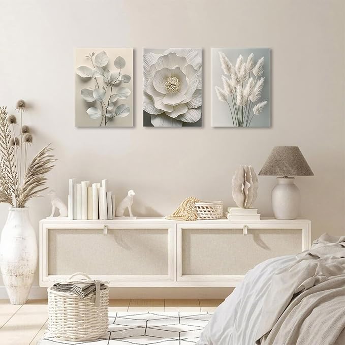 TUEASKY 3 Piece Canvas Wall Art Floral Wall Decor Neutral Pictures Flower Art Prints Botanical Paintings Beige Artwork For Bedroom Living Room