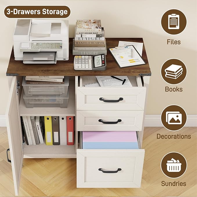 Farmhouse Lateral Filing Cabinet, Lateral File Cabinet with 3 Drawers and Storage Cabinet, Wooden Printer Stand with File Drawer for Letter/A4 Size Hanging File for Home Office, Rustic White