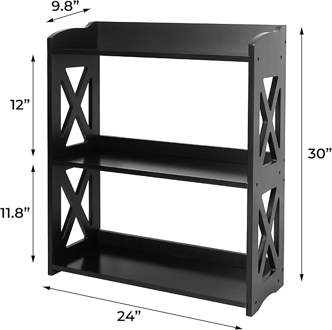 Black Bookcase by Natural Wood, 3 Tier Bookshelf, Small Book Shelves Freestanding Display Storage Shelves. Open Bookshelf for Bedroom, Living Room and Office (Black, 3 Tier)