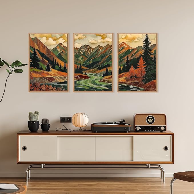 HPINUB Abstract Boho Mountain Framed Canvas Wall Art Set,Vibrant Forest Pine Tree Wall Decor,Textured Landscape Artwork Rustic Linear Scenery Art Print for Living Room,Bedroom,Office-16 x24 x3