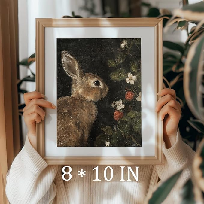 uniro Vintage Rabbit Wall Art, Farmhouse Canvas Wall Decor, Easter Bunny and flowers Painting, Antique Rabbit Painting Wall Art Decoration for Office Bedroom Room Living Decor(8" x 10"-UNFRAMED)