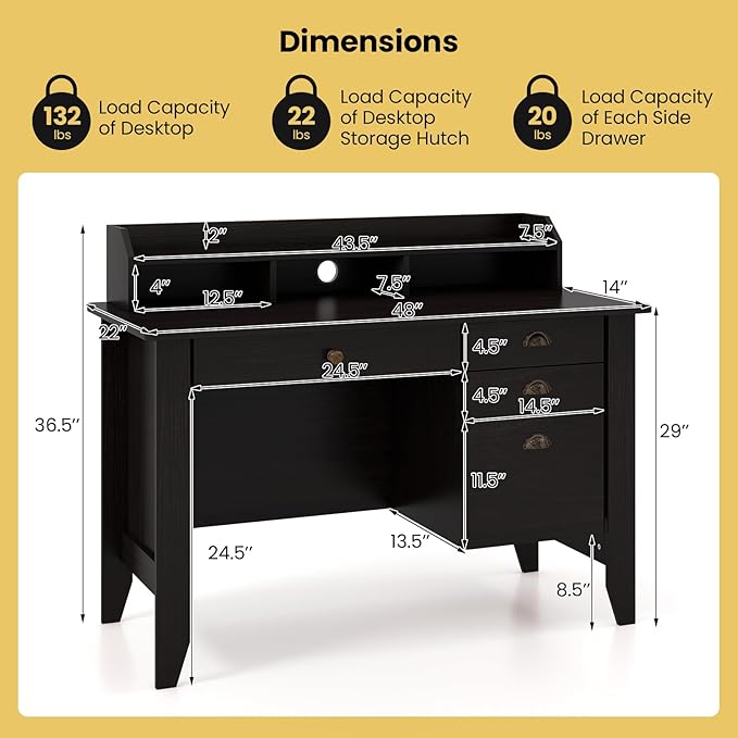 Tangkula Computer Desk with 4 Storage Drawers & Hutch, Home Office Desk Vintage Desk with Storage Shelves, Wooden Executive Desk Writing Study Desk (Black)