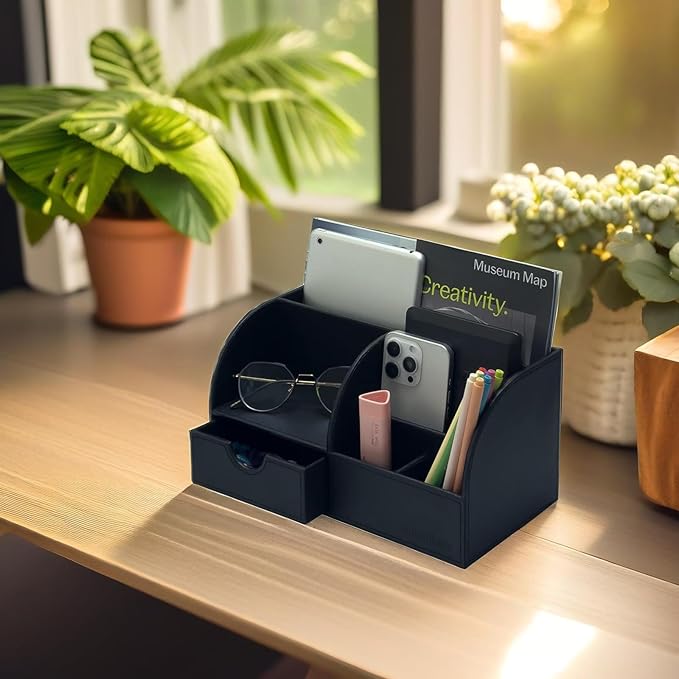 UnionBasic Desk Organizer - Multifunctional Leather Desktop Pen Holder Storage Box - Business Card/Pen/Pencil/Mobile Phone/Stationery Holder, Black