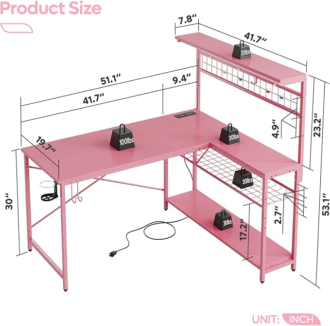 Bestier Gaming Desk 51" L-Shaped, with Power Outlets & LED Lights- 4 Tier Shelves, Reversible Gamer Table with Hooks & Cup Holder for Home Office Carbon Fiber Pink