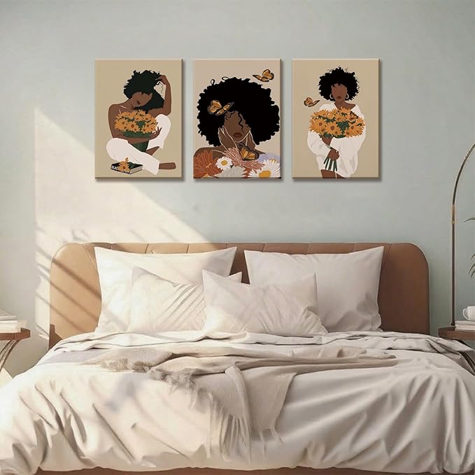 TUEASKY 3 Piece Canvas Wall Art African American Wall Decor Black Woman Pictures Sunflower Butterfly Paintings Abstract Prints Boho Artwork for Bedroom Bathroom