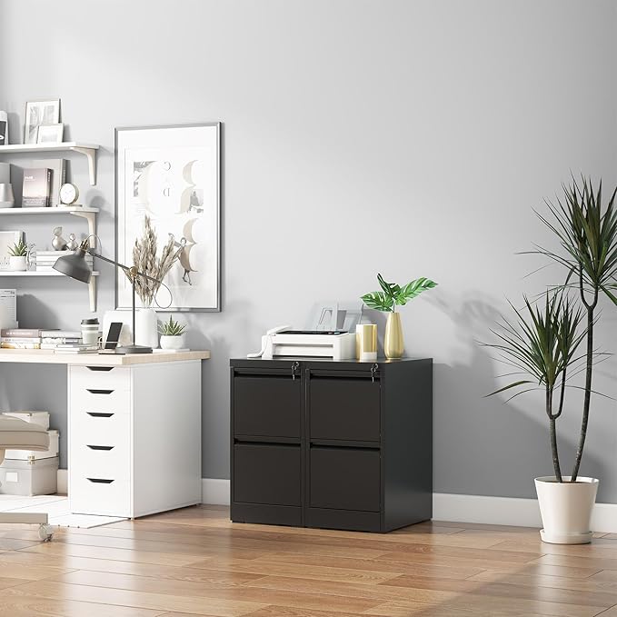 2 Drawer File Cabinet with Lock, Vertical Filing Cabinets for Home Office, Metal Storage Cabinets, Heavy Duty File Cabinet for Letter/Legal/A4/F4 Size Amsseble Required, Black
