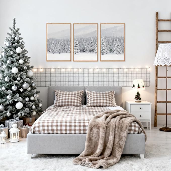 CHDITB Snowy Christmas Pine Trees Framed Canvas Wall Art(16"x24"), 3 Panels Winter Forest Landscape Artwork Prints, Large Neutral Abstract Nature Evergreen Snow Scene Xmas Gift Decor for Home Office Bedroom