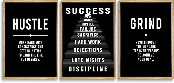 3Pcs Black and White Inspirational Phrases Wall Art Stairway to Success Canvas Posters Prints Never Give Up Pictures Paintings Office Wall Decor for Home Gym Workplace Unframed