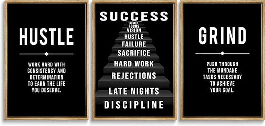 3Pcs Black and White Inspirational Phrases Wall Art Stairway to Success Canvas Posters Prints Never Give Up Pictures Paintings Office Wall Decor for Home Gym Workplace Unframed