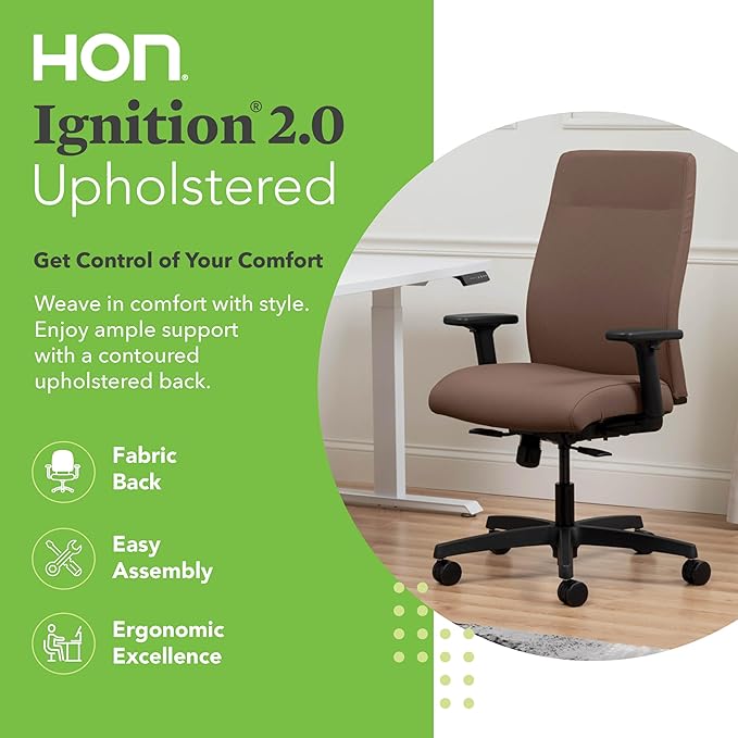 HON Ignition 2.0 Fabric Office Chair, Upholstered, Adjustable Arms, Standard Synchro-Tilt Recline Executive Ergonomic Office Chair, Black Frame, Bark