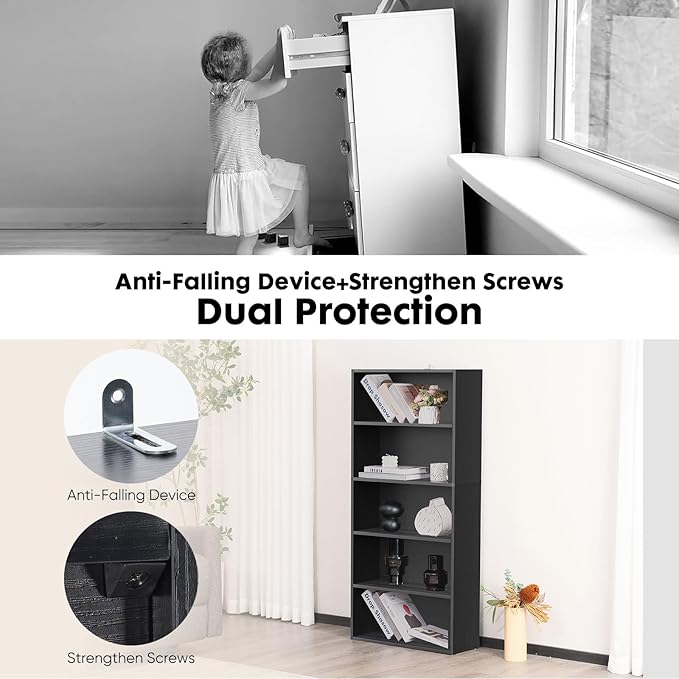 Book Shelf, 5-Tier Bookcase with Adjustable Shelves, Open Storage Shelves for Organization, 23.82 x 9.25 x 53, for Bedroom, Living Room, Home, Office, Black