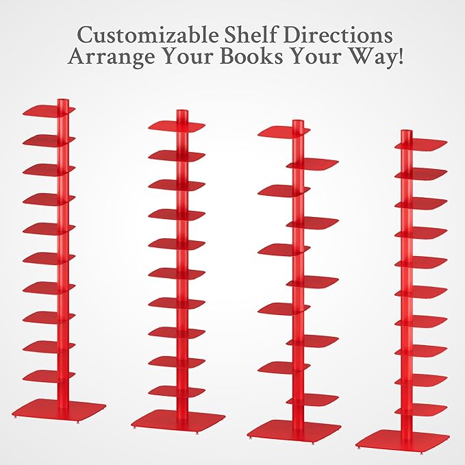 Suchtale 11-Tier Spine Bookshelf Tower,Tall Vertical Book Organizer,Metal Floor Standing Bookshelf for Small Spaces,Narrow Bookcase for Living Room,Bedroom & Office,Adjustable Shelf Directions,Red