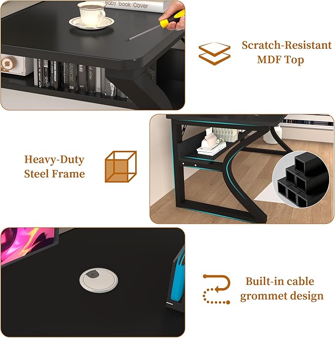 AZN Computer Desk, Computer Desk 55in, Office Desk w/Metal Frame & Storage, Office Desk for Study Writing Work Game, Home Office Desk Computer Desks w/Waterproof & Scratch-Resistant Surface, Black