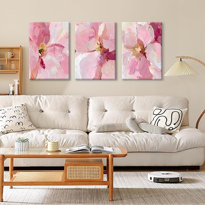 Abstract Floral Wall Art Pink Flower Canvas Pictures Modern Wall Decor Blush Pastel Pink Prints Peony Painting Minimalist Poster Botanical Artwork for Bedroom Living Room 16x24x3 Inch Ready to Hang