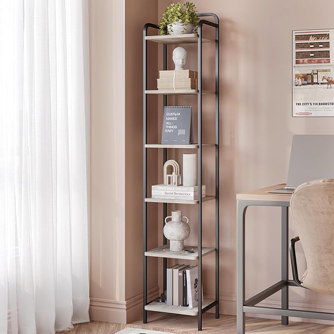 Bookcase Bookshelf, Narrow Book Shelf, Industrial Corner Shelf Storage Organizer, Slim Shelving Unit for Home Office, Living Room, Bedroom, Kitchen, 6-Tier Greige and Black BC24605B