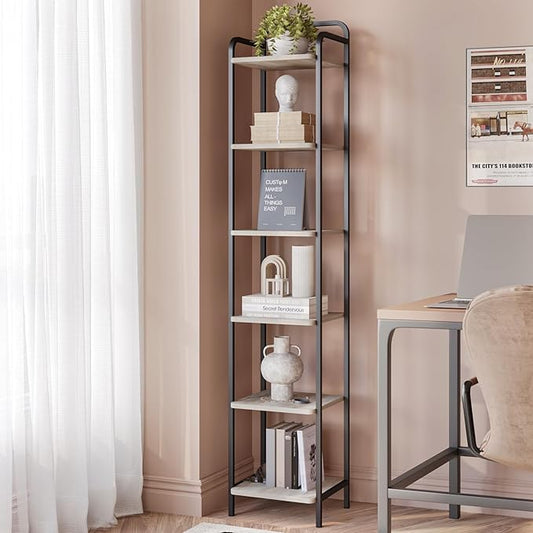 Bookcase Bookshelf, Narrow Book Shelf, Industrial Corner Shelf Storage Organizer, Slim Shelving Unit for Home Office, Living Room, Bedroom, Kitchen, 6-Tier Greige and Black BC24605B