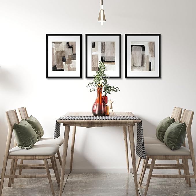ArtbyHannah 11x14 Inch Black Framed Abstract Wall Art Set of 3 with Brown Black Tan Blocks for Wall Decor, Extra Art Prints of Botanical Included