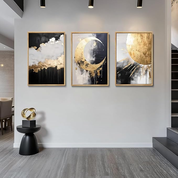 3Pcs Black and Gold Abstract Canvas Wall Art Sun Moon And Cloud Posters Prints Maximalist Pictures Wall Decor For Living Room, Bedroom,bathroom Decoration Unframed