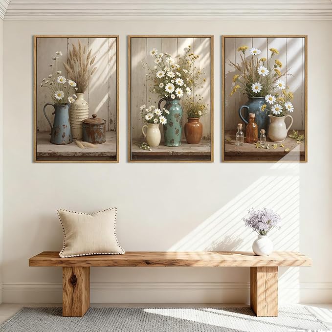 ANHUIB Vintage Wildflower Botanical Canvas Wall Art Framed Rustic Farmhouse Floral Pictures Wall Decor Country Daisy Painting 16x24 Inch Flower Set of 3 for Living Room Bedroom Office