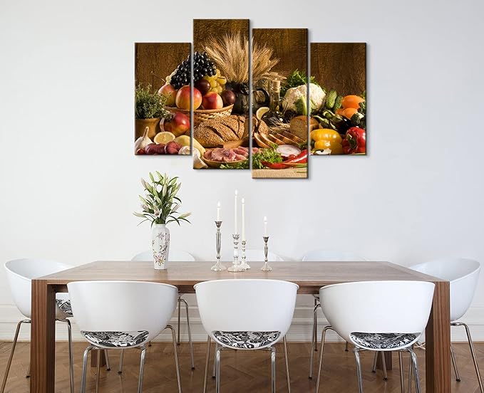 4 Pieces Kitchen Wall Art - Food and Fruit Pictures for Dining Room Decor (48''W x 32''H)