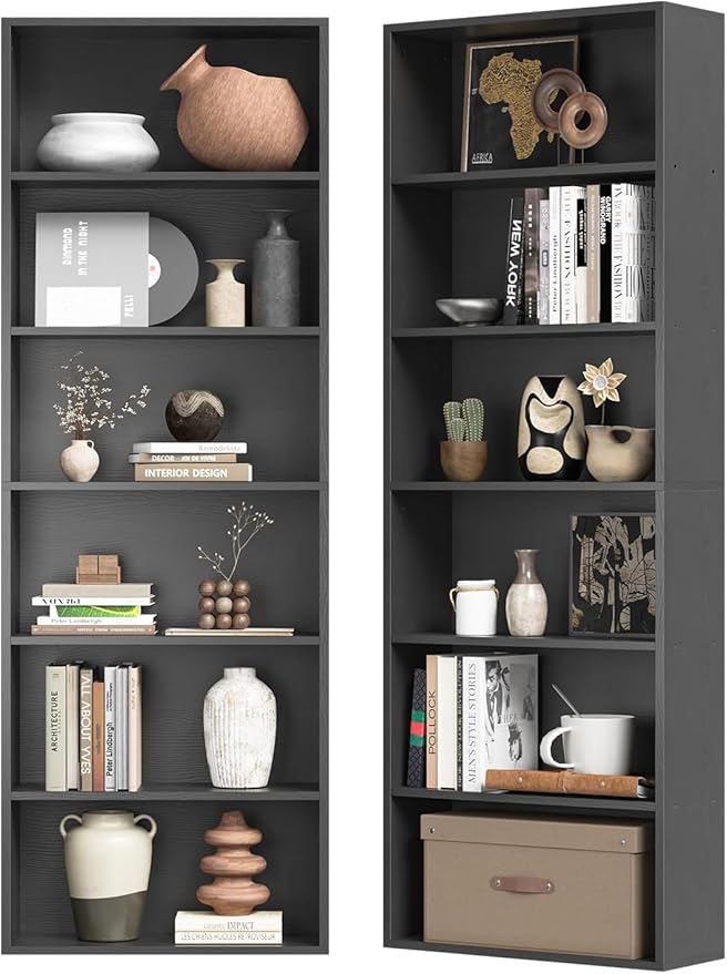 MXV Bookshelf Set of 2, 6 Tier Bookcase, Book Shelf Open Storage Organization, Floor Standing Display Bookshelves and Office Storage Stand for Living Room, Home Office, Dinning Room, Black