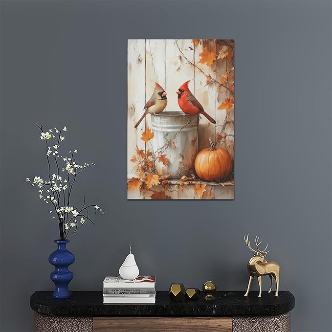 Fall Cardinal Wall Art Autumn Pumpkin Leaf Pictures Wall Decor Cardinals Canvas Painting Modern Artwork Home Decoration for Living Room Bathroom Bedroom Office Framed 16"x24"