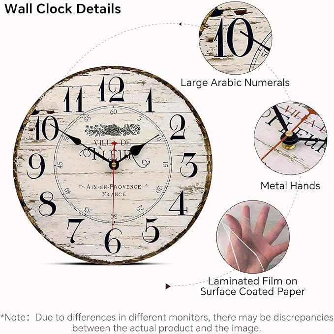 8 Inch Wall Clock Easy to Read Arabic Numerals Wooden Round Wall Clock Silent Non-Ticking Battery Operated Home Wall Clocks Retro French Country Style Art Decor Hanging Clock