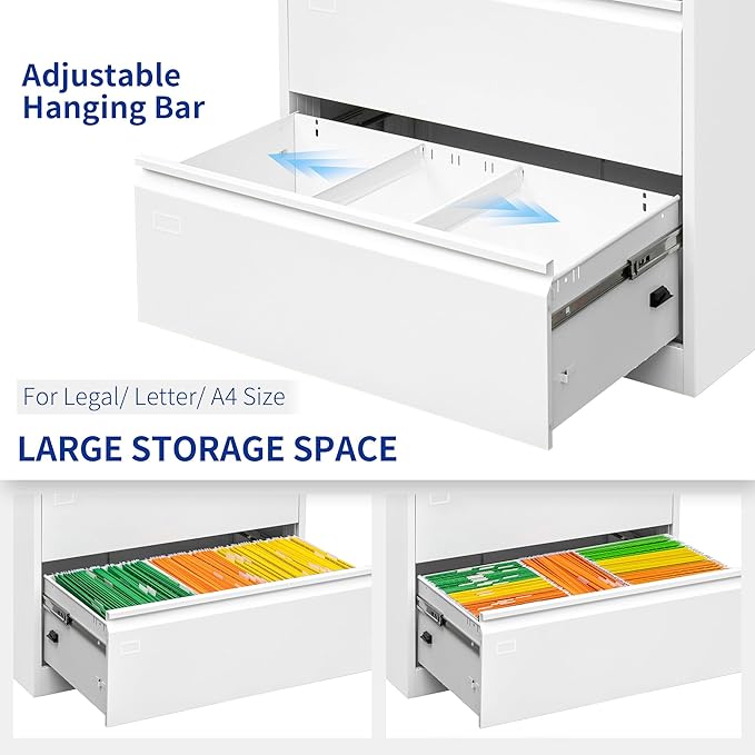 2 Drawer Filing Cabinet, Black Lateral File Cabinet with Lock, Lockable Metal File Cabinet for Home Office, Office File Cabinets for Legal/Letter/A4/F4 Size with Hanging Files&Key (White(2 Drawer))