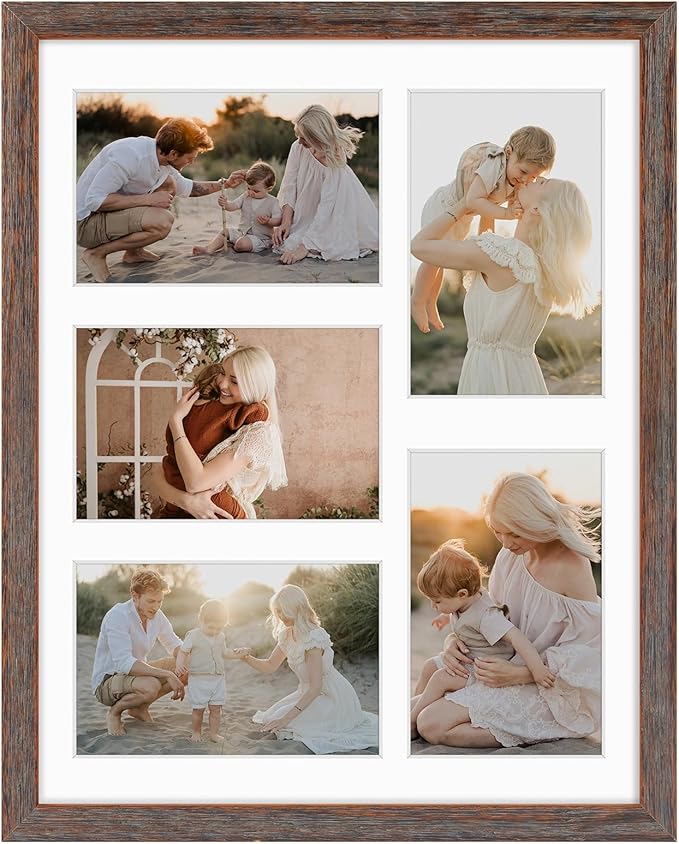 Golden State Art, 11x14 Distressed Brown Wood Frame with White Mat - Displays Five 4x6 Photos - Real Glass, Sawtooth Hangers, Swivel Tabs - Wall Mounting, Landscape, Portrait