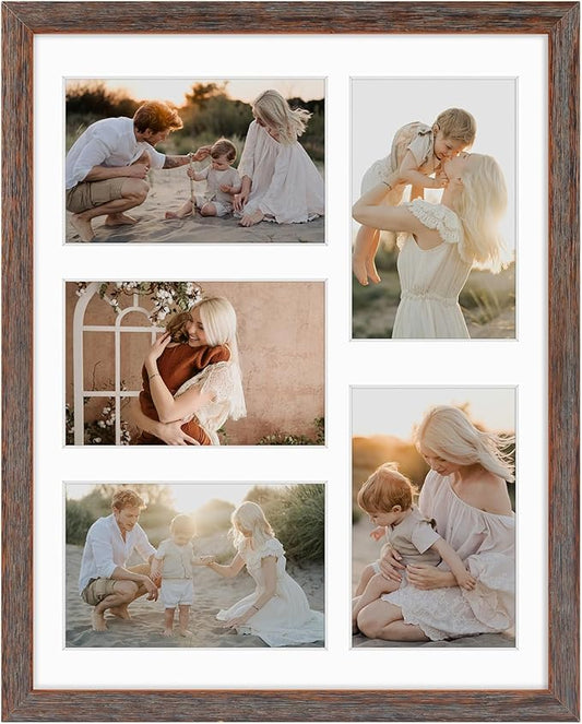 Golden State Art, 11x14 Distressed Brown Wood Frame with White Mat - Displays Five 4x6 Photos - Real Glass, Sawtooth Hangers, Swivel Tabs - Wall Mounting, Landscape, Portrait
