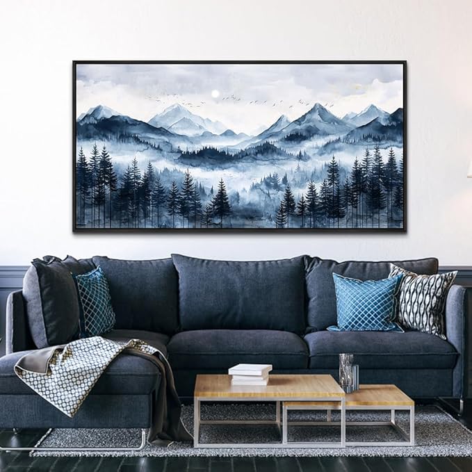 ERQINHUA Canvas Wall Art For Bedroom Large Wall Decor For Living Room Modern Office Mural Misty and Fog Forest Painting Mountain Landscape Picture Artworks Home Decor Black Framed Ready To Hang